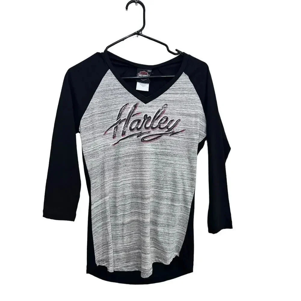 Harley-Davidson Silverton Grey & Black 3/4 Sleeve Shirt with Bling Size Small
